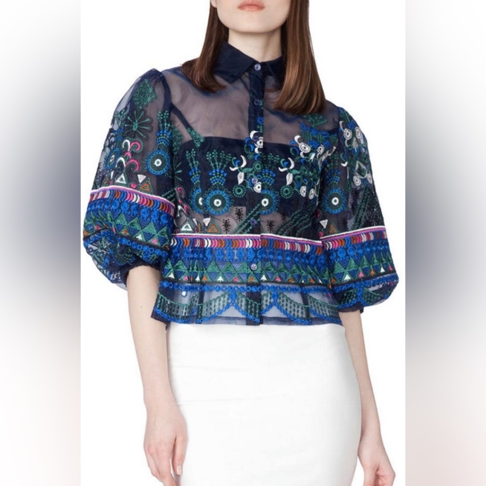 Gracia embroidered tulle navy blouse